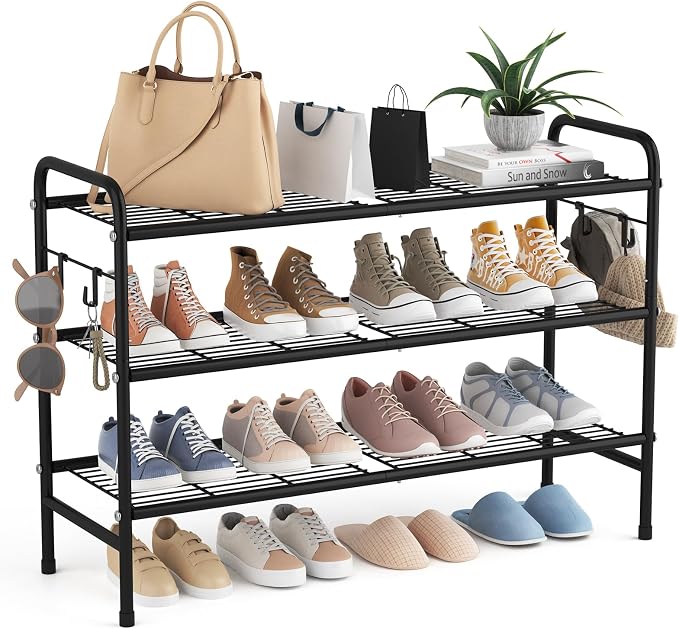 VILICK 3 Tier Shoe Rack 33" Wide Metal Shoe Organizer Long Shoe Storage with 4 Side Hooks Sturdy Shoes Shelf for Front Door Entrance, Closet, Garage, Dorm, Black by VILICK