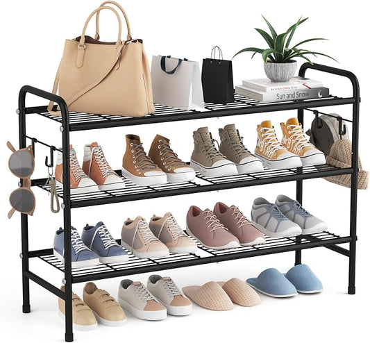 VILICK 3 Tier Shoe Rack 33" Wide Metal Shoe Organizer Long Shoe Storage with 4 Side Hooks Sturdy Shoes Shelf for Front Door Entrance, Closet, Garage, Dorm, Black by VILICK