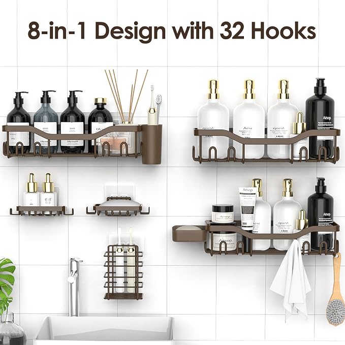 NESOMI Shower Caddy Adhesive Shower Organizer 8-Pack, Rustproof Stainless Steel Bathroom Shelves, Large Capacity No-Drill Rack Storage Accessories with Soap Dish Toothbrush Holder Hooks - Image 4