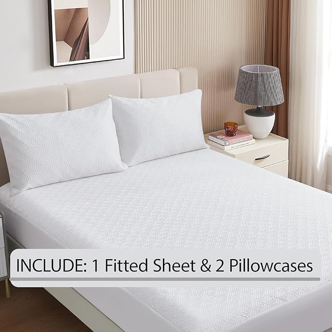 100% TPU Waterproof Mattress Protector Sets with 1 Fitted Sheet & 2 Pillowcases 18 Inches Deep Pocket Breathable Incontinence Pads for Adults Kids Elderly Pets (White, King)