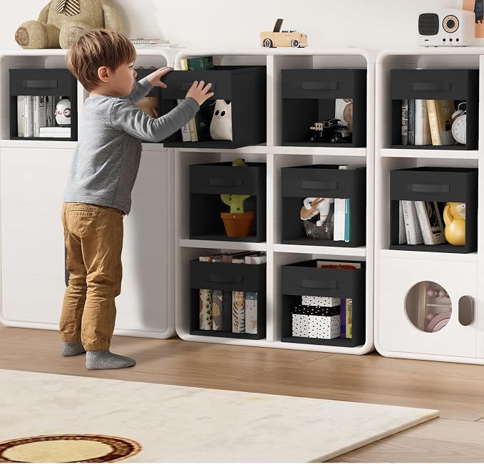 DIMJ Cube Bins, 6 Packs Fabric Storage Cubes with Clear Window, Storage Bins with Handles, Storage Baskets for Organizing Living Room, Bedroom, Office, Black - Image 3