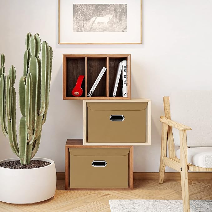 STOREONE Fabric Storage Cube Bins Foldable Organizer Container Collapsible Basket with Lids and Metal Handles, for Home, Bedroom, Closet 3 Pcs (Khaki) - Image 5