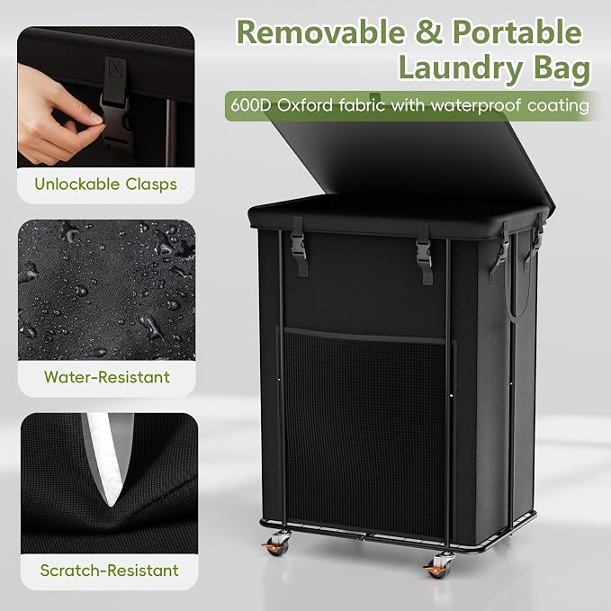 220L Laundry Hamper with Lid, Rolling Laundry Basket with Wheels, Large & Tall Dirty Clothes Hamper with Metal Frame and Removable Bag for Bedroom Aesthetic, Laundry Room, Bathroom, Dorm - Image 6