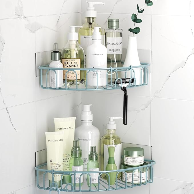 Orimade Corner Shower Caddy with 2 Hooks Wall Mounted Metal Bathroom Shelf Storage Organizer Adhesive No Drilling 2 Pack, Blue Only for 90-Degree Corner by Orimade