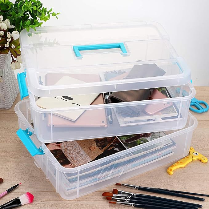 JUXYES 2-Tiers Stack Carry Storage Box With Handle, Transparent Stackable Storage Bin With Handle Lid Latching Storage Container for School & Office Supplies (Blue) - Image 6