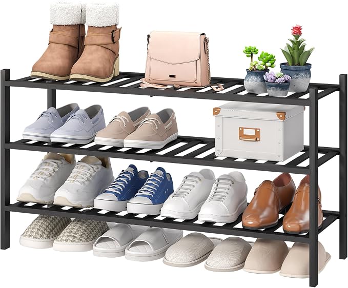 viewcare 3-Tier Long Black Shoe Rack, Bamboo Wood Shoe Rack for Closet, Entryway & Hallway, Stackable | Functional | Sturdy by VIEWCARE