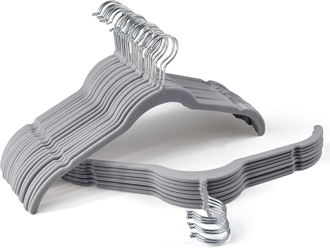 Sishynio Premium Velvet Shirt Hangers 30 Pack, Space-Saving Non-Slip Felt Hanger with 360° Swivel Hook, Slim Flocked Hangers for Strappy Dresses, Blouses, Tank Tops(Grey) by Sishynio