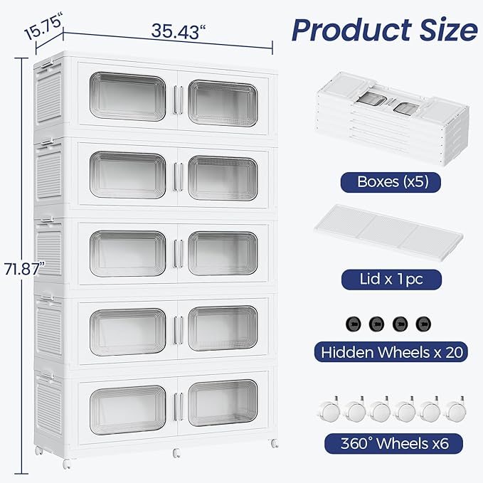 250Gal Extra Large Stackable Storage Bins with Lid & Wheels & Doors, 200QT/50GAL 5-Tiers Collapsible Closet Organizers Plastic Containers Drawers Boxes for Home Kitchen Bedroom, White