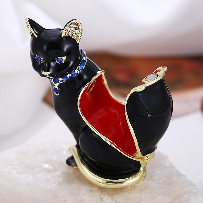 Hand Painted Animal Trinket Box for Home Decor, Hinged Jewelry Organizer Storage, Unique Personalized Collectible Keepsake Figurine Handmade Decorative Ornament Gifts (Black Cat) - Image 3