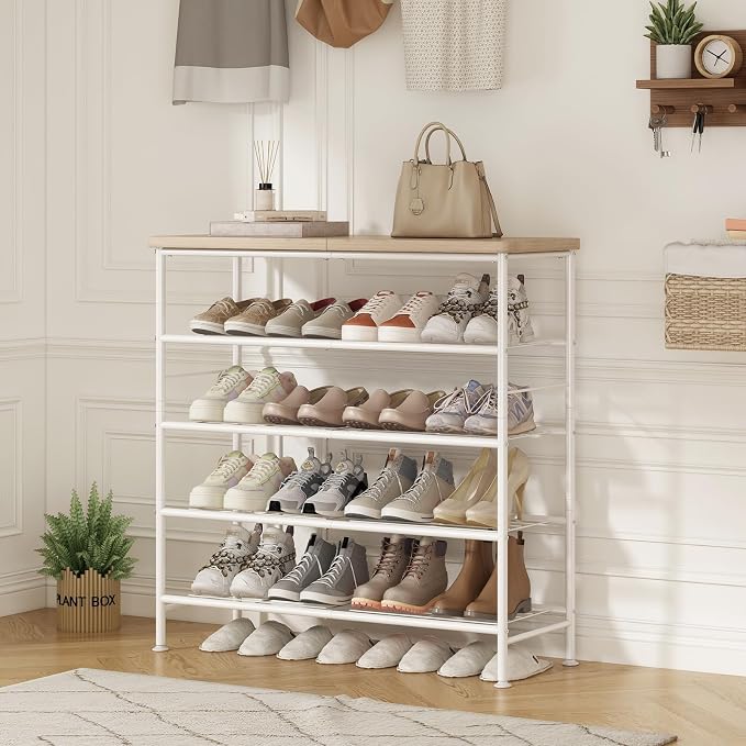 SUOERNUO Shoe Rack Organizer 5 Tier for Closet Entryway Free Standing Metal Storage Shoe Shelf with MDF Top Board，White+Oak - Image 2