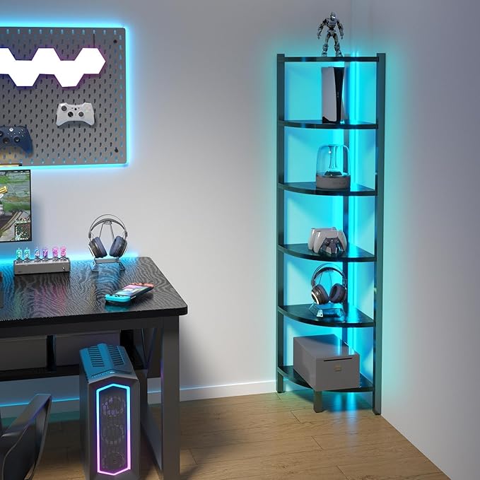 Corner Shelf with LED Lights, 6-Tier Corner Bookshelf, 66'' Organizer Book Shelf Shelves Steel Frame Display Stand with Living Room, Bedroom, Study, Black by Buildyourperfectlife