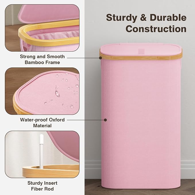 Bathola 75L Slim Laundry Hamper with Lid, Dirty Clothes Hampers for Laundry, Collapsible Laundry Baskets for Small Spaces, Bedroom, Bathroom, Laundry Room, Pink - Image 6
