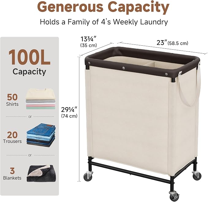 StorageWorks 2 Section Laundry Hamper, Rolling Laundry Cart with Wheels and Handles, Laundry Room Double Sorter for Organizer and Storage, 26.4 Gal(100L), Beige - Image 3