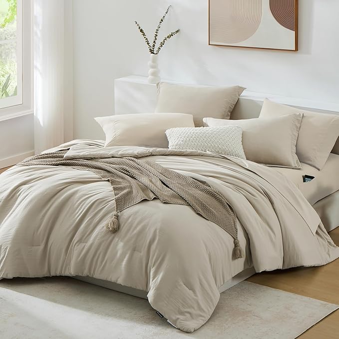 WRENSONGE Twin Comforter Set- 5 Pieces Light Oatmeal Twin Bed in a Bag, All Season Twin XL Bedding Sets with 1 Fitted Sheet, 1 Flat Sheet, 1 Pillow Sham and 1 Pillowcase