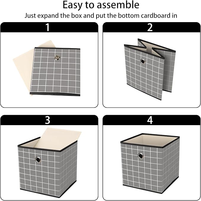 Foldable Storage Cubes Bins,11 Inch Cloth Storage Cube Fabric Storage Box Cubes Organizer Baskets with Dual Handles for Home Organizer Set of 3 (Grey grid) - Image 6