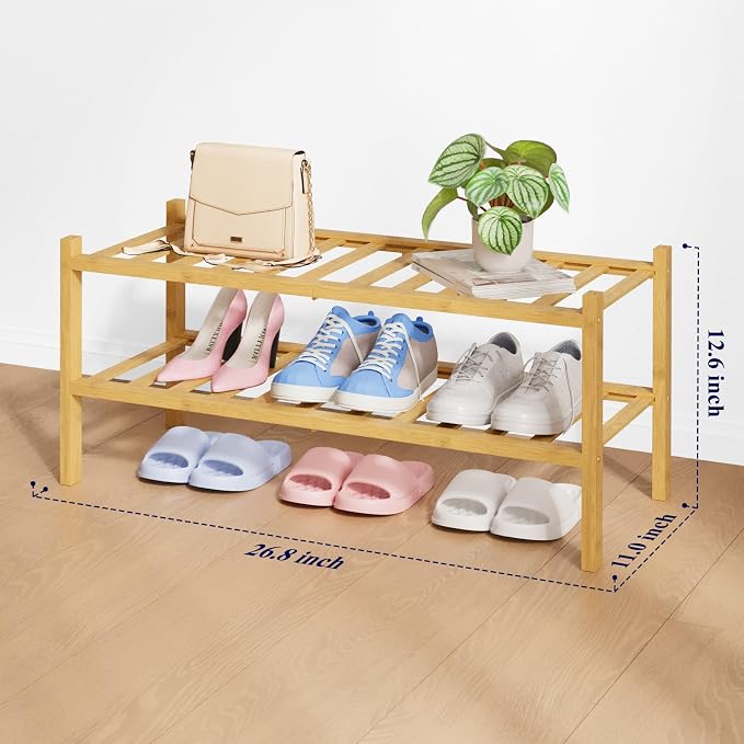 Kitsure Bamboo Wooden Shoe Rack for Closet - Stackable Shoe Organizer with Modular Structure, Space-Saving Shoe Shelf for Entryway, Living Room, Bedroom, 26.8" Wide - 2 Tiers, Natural - Image 2