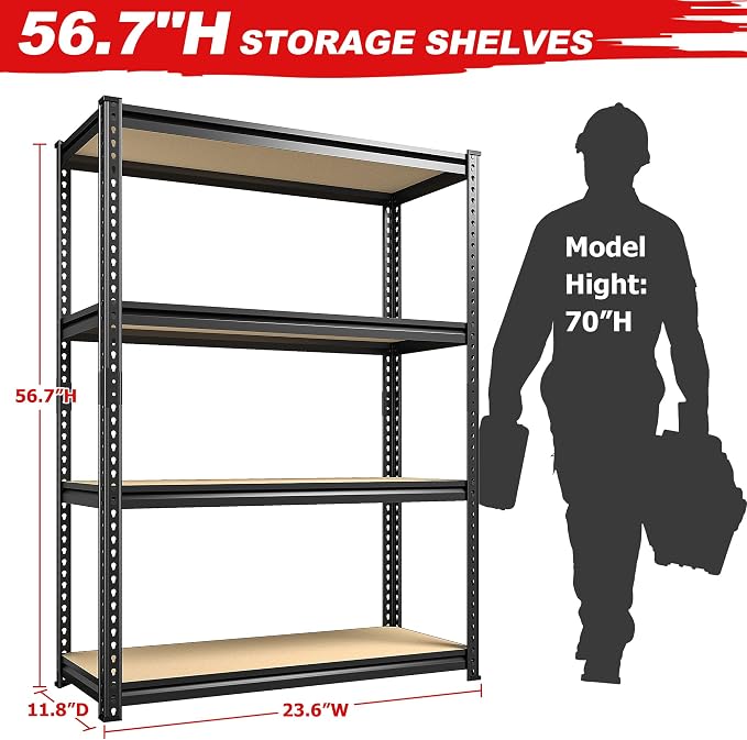 REIBII Storage Shelves Adjustable Metal Shelving 1600LBS Garage Shelves Industrial Metal Shelves 4 Tier Garage Shelving for Warehouse Basement Kitchen Pantry Closet, 11.8" D x 23.6" W x 56.7" H - Image 3