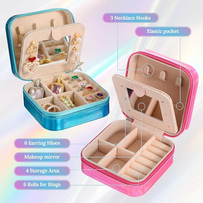Nosiny 2 Pack Travel Jewelry Case with Mirror Small Laser Jewelry Box Organizer Gifts for Mother's Day Women Rings Earrings(Rose Red and Dark Blue) - Image 4