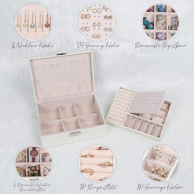 Jewelry Box for Women Girls, 2 Layers Jewelry Organizer Container with Lock, PU Leather Storage Case with Removable Tray, Jewelry Display Box for Necklaces Earrings Bracelets Rings Watches - White - Image 3