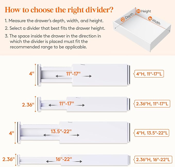 Lifewit 4 Pack 4" High Drawer Dividers 28 -43.5cm/11-17" Adjustable Kitchen Drawer Organiser, Expandable Drawer Dividers Separator for Clothes in Bedroom/Bathroom/Office Organisation & Storage White - Image 3