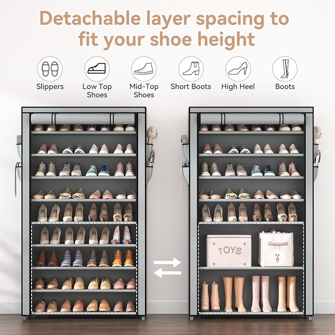 LANTEFUL Shoe Rack with Covers 10 Tier Tall Shoe Rack Organizer Large Capacity Shoe Shelf Storage 40 Pairs Space Saving Free Standing Shoe Storage Organizer for Closet, Entryway, Dorm, Grey - Image 7