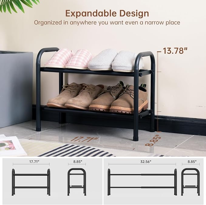 Gonfoam 2-Tier Expandable Shoe Rack,Adjustable Shoe Shelf Storage Organizer Heavy Duty Metal Free Standing Shoe Rack for Entryway Closet Doorway (Black) - Image 4
