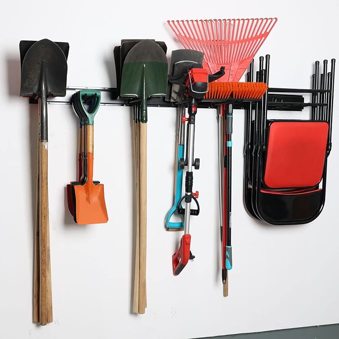 Wallmaster Garage Storage Organization Wall Mount, Garden Tool Rack Organizer Heavy Duty Folding Chair Hangers with 6 Adjustable Hooks 48inch Tracks Max Load 450lb - Image 2