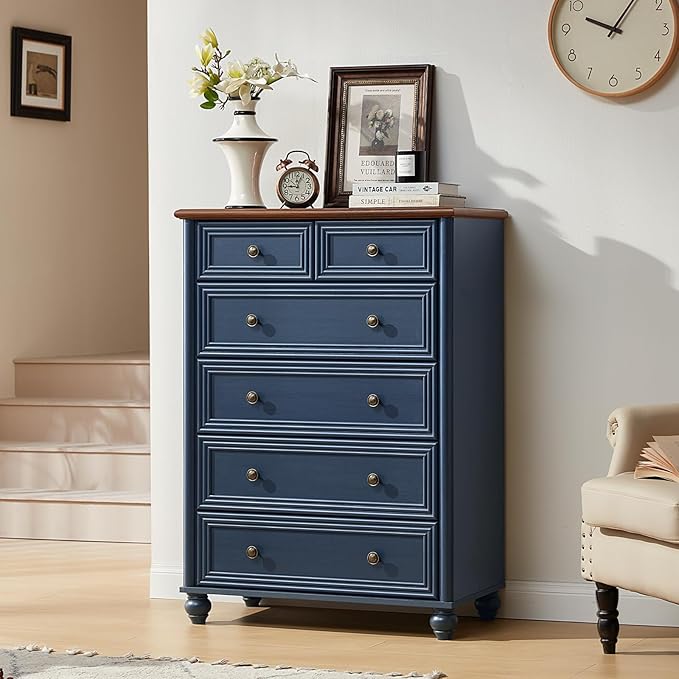 RWYHG Farmhouse 6 Drawer Dresser, Blue Chest of Drawers, 43.5" Tall Dressers for Bedroom with Roman Column and Metal Handles, Rustic Wood Storage Organizer for Living Room, Hallway, Closet