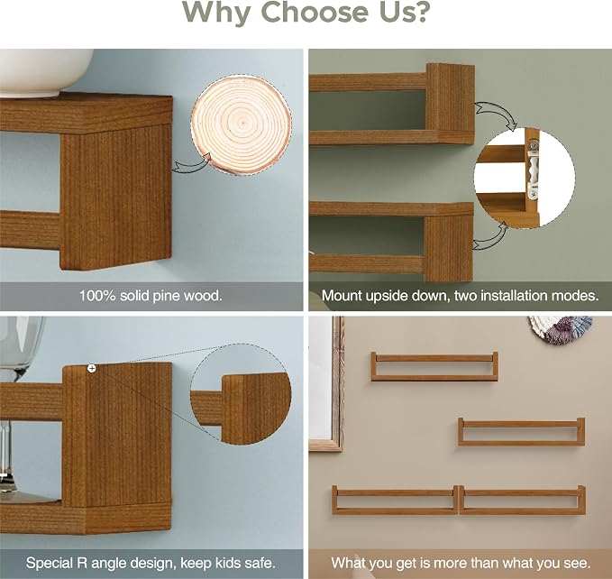 Forbena Walnut Brown Nursery Bookshelf Wall Mounted, Wooden Floating Book Shelves for Wall, Nursery Hanging Bookshelves for Baby Toddlers Kids Room Bedroom (Pine Wood, Walnut Color, 4-Pack) - Image 8