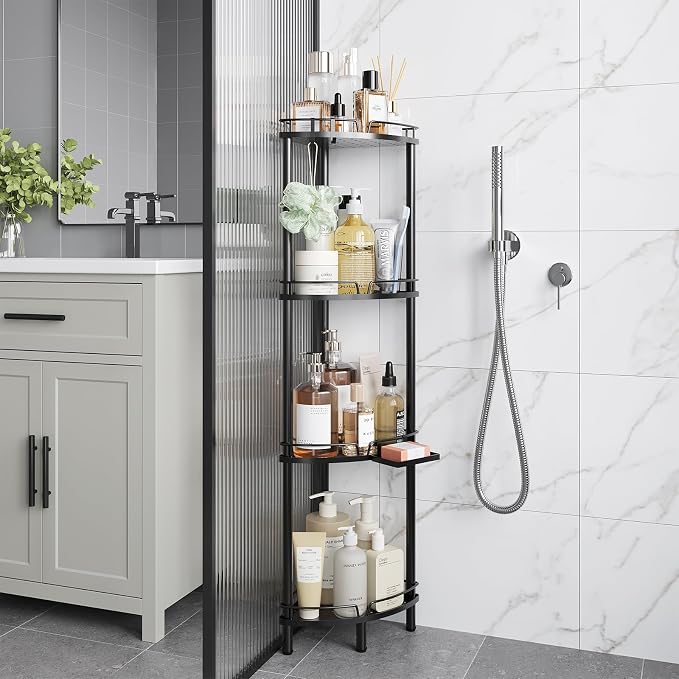 ELYKEN Corner Shower Caddy Standing, 4 Tier Rustproof Metal Shower Organizer with Soap Holder, Floor Shower Corner Shelf Rack Storage Stands with Adjustable Feet & 2 Hooks for Bathroom, Black - Image 9