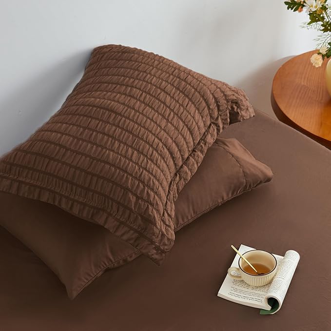Love's cabin Seersucker Brown King Size Comforter Set, 7-Piece All Season Lightweight Bed in a Bag Bedding Set with Comforter, Flat Sheet, Fitted Sheet, Pillowcases and Shams | Soft, Breathable, Lightweight