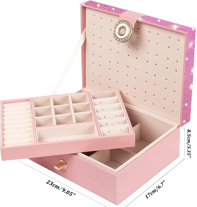 QBestry Jewelry Box for Earrings for Girls Jewelry Organizer Box Earring Holder Organizer for Girl Earring Box Jewelry Box Stud Earring Organizer for Girls Earring Jewelry Boxes for Women Pink Bling - Image 6