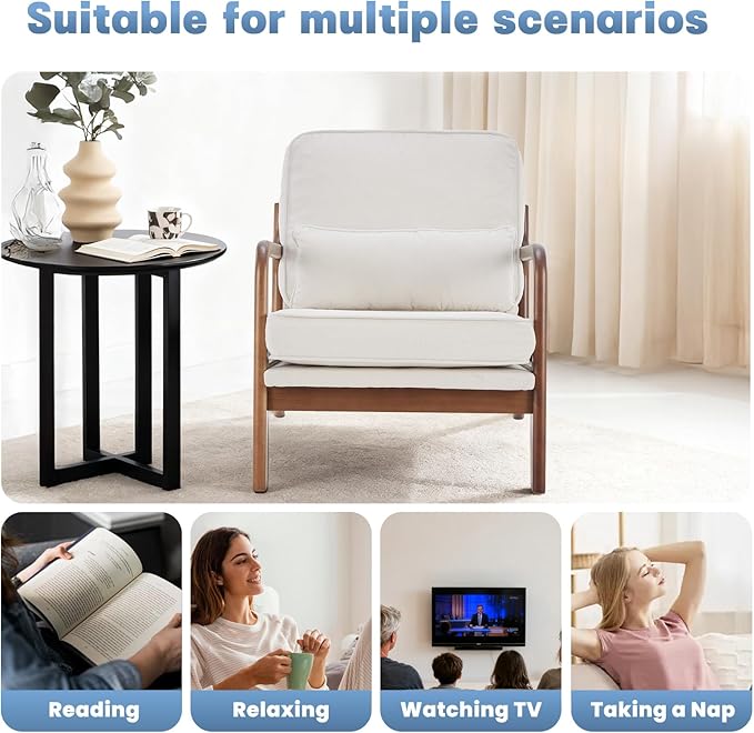 DUMOS Mid Century Modern Chair, Accent Chair with Arms and Waist Cushion, Reading Chairs for Adults, Lounge Chair for Living Room and Bedroom, Solid Wooden Frame, Cream