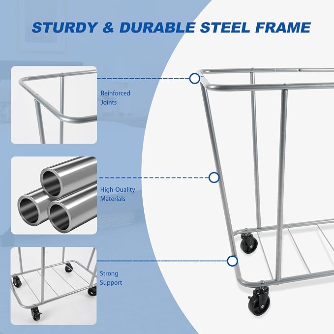 PLKOW Laundry Cart with Wheels 320L Large Rolling Laundry Cart for Commercial/Home, Rolling Laundry Basket with Steel Frame and Waterproof Lining, 9 Bushel, 32.3L x 19.7W x 30.7H Inch, Grey - Image 6