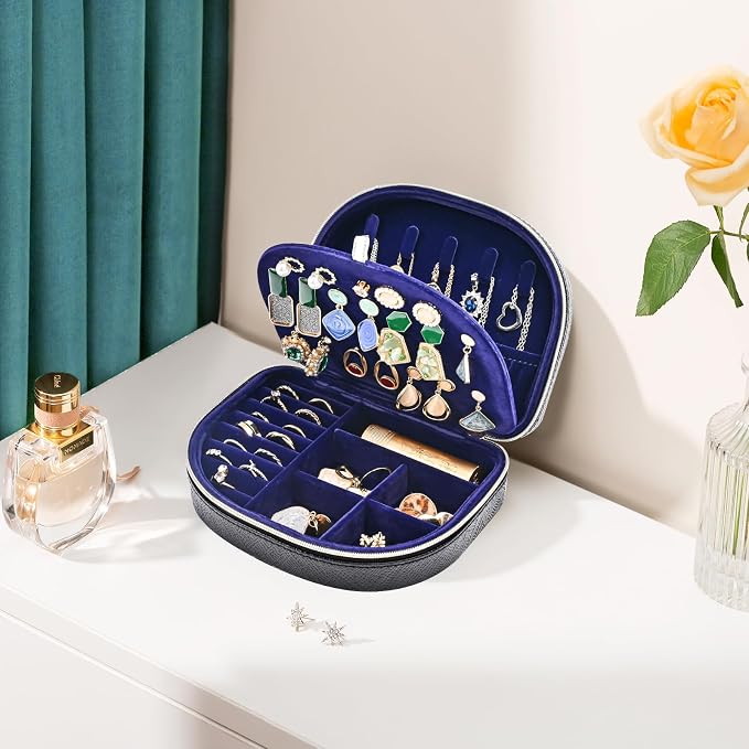 ProCase Travel Size Jewelry Box, Medium Portable Seashell-Shaped Jewelry Case, 2 Layer Mini Jewelry Organizer in PU Leather for Women -Glossy Black - Image 2