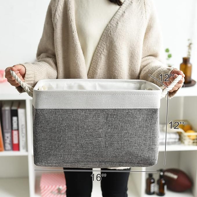 TheWarmHome Organization and Storage Basket for Organizing - 3 Pack 16x12x12 inch Cube Storage Bin Fabric Storage Cubes for Organizer Cloth Gift Toy Closet (White & Grey) - Image 5