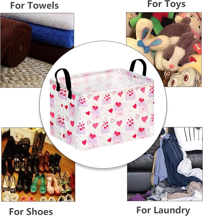 MAIZMZ Empty Gift Basket for Girls Heart Print Storage Cube for Women, Closet Shelf Waterproof Organizer Bins with Handles Nursery hamper Kids Toys Books Box Room Deco - Image 5