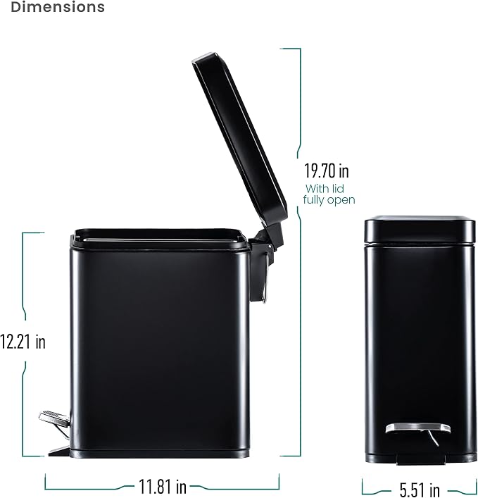 Home Zone Living 1.3 Gallon Small Bathroom Trash Can with Lid and Step Pedal, Stainless Steel Wastebasket with Slim Design for Home and Office, Matte Black, 5 Liters - Image 8