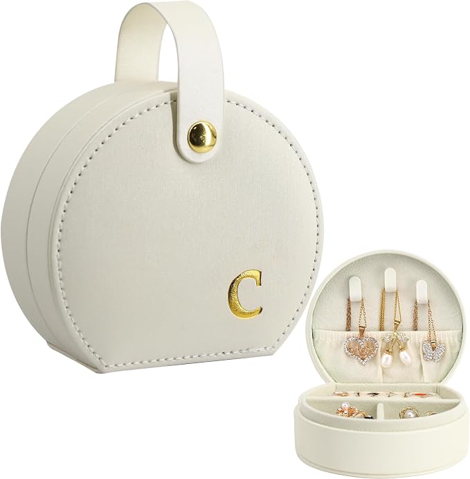 COLLECTIVE HOME - Travel Jewelry Case, Elegant Half-Moon Design with Gold Monogram, Detachable Handle, Personalized Accessory Organizer, Gift for Fashion-Forward Women and Teens (c) by COLLECTIVEHOME