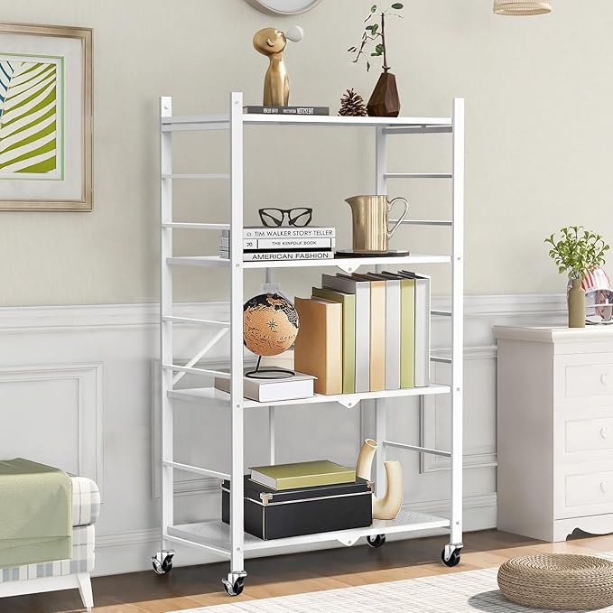 Himix Storage Shelves with 20 Hooks, 4-Tier Foldable Shelves for Storage, Folding Shelf Unit Pantry Shelves with Wheels, Metal Shelving Storage Rack Shelf for Kitchen Garage Home, White - No Assembly - Image 2