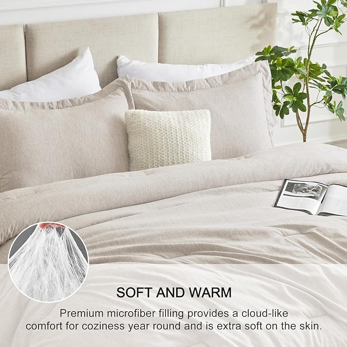 CozyLux Oversized Queen Comforter Set, 3 Pieces 98x98 Beige Soft Luxury Cationic Dyeing Bedding All Season, Lightweight Breathable Fluffy Bed Sets with 1 Alternative Comforter and 2 Pillow Shams