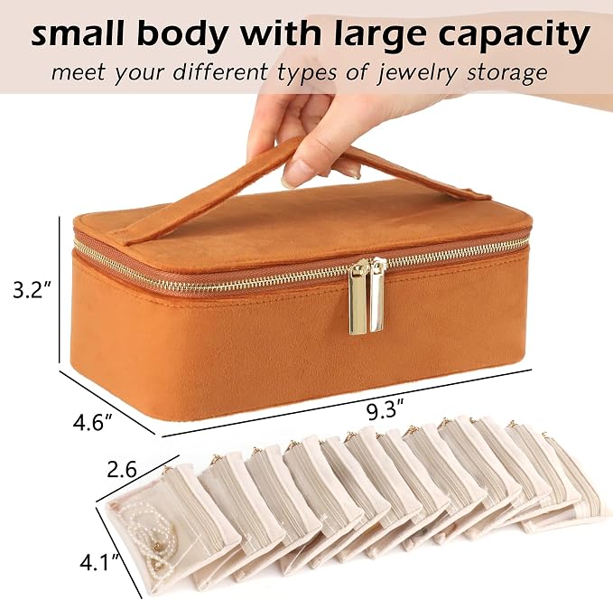 HofferRuffer Jewelry Box Organizer for Women Girls, Travel Jewelry Case with 12 Portable Zipper Bags, Jewelry Storage Ideal for Travel & Home Organization (12pcs-Brown Velvet) - Image 2