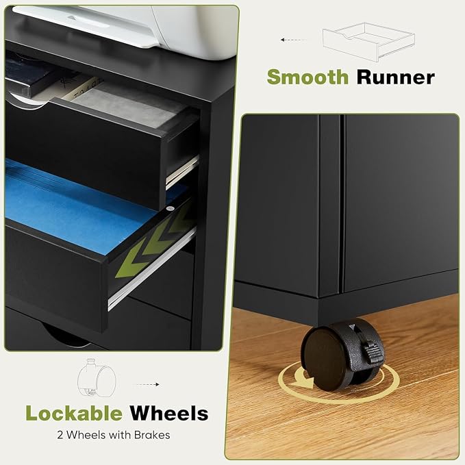 7 Drawer Mobile File Cabinet Under Desk Storage Organization with Wheels Vertical Filing Chest Rolling Wood Small Desk Printer Stand for Home, Black - Image 7