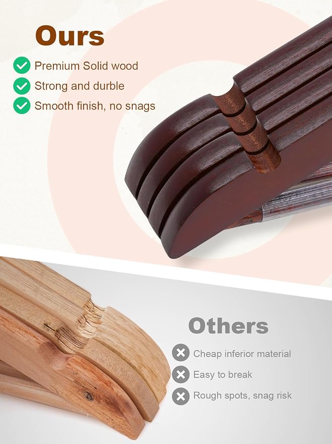 HOUSE DAY Cherry Wooden Hangers 30 Pack, Solid Wood Hanger with Non Slip Pant Bar, Heavy Duty Wooden Coat Hanger for Closet, Smooth Finish Wood Clothes Hangers for Shirts, Suits, Jackets, Dress - Image 4