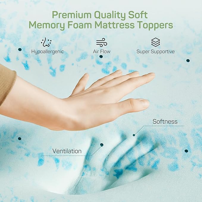 2 Inch Mattress Topper Full Size, Gel Memory Foam Mattress Pad, CertiPUR-US Certified, Ventilated Bed Topper for Pressure Relief Back Pain, Blue