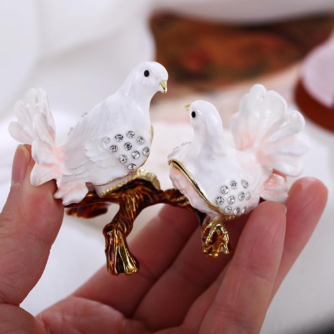 Hand Painted Animal Trinket Box for Home Decor, Hinged Jewelry Organizer Storage, Unique Personalized Collectible Keepsake Figurine Handmade Decorative Ornament Gifts (Dove Couple) - Image 7