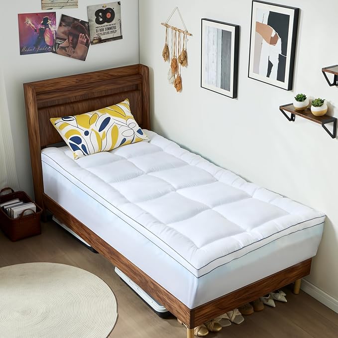 Twin Size Dual Layer 4 Inch Memory Foam Mattress Topper, 2 Inch Fluffy Soft Pillow Top Mattress Pad Cover and 2 Inch Gel Memory Foam for Back Pain Relief, Breathable, Cooling