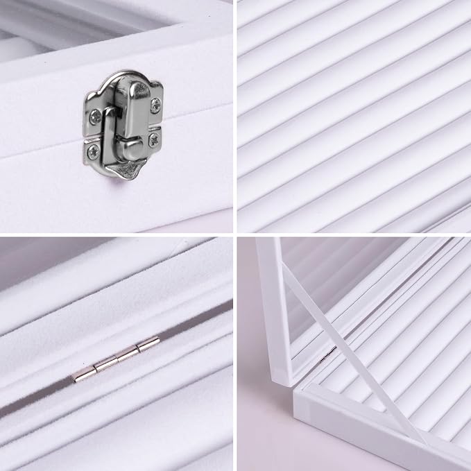 Frebeauty Rings/Earrings Organizer Tray with Clear Lid 10 Slots Velvet Drawer Insert Jewelry Storage box Transparent Glass lid Jewelry Display Case Showcase Gift for Girls Women (White, 10 Slots) - Image 5