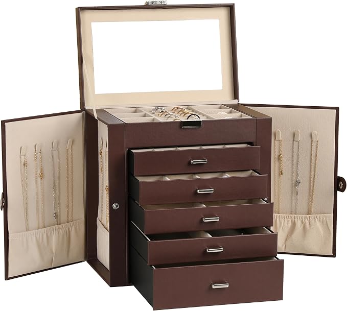 Frebeauty Large Jewelry Box,6-Tier PU Leather Jewelry Organizer,Multi-functional Storage Case with Mirror,Accessories Holder with 5 Drawers for Necklace Bracelets Watches(Dark Brown) by Frebeauty