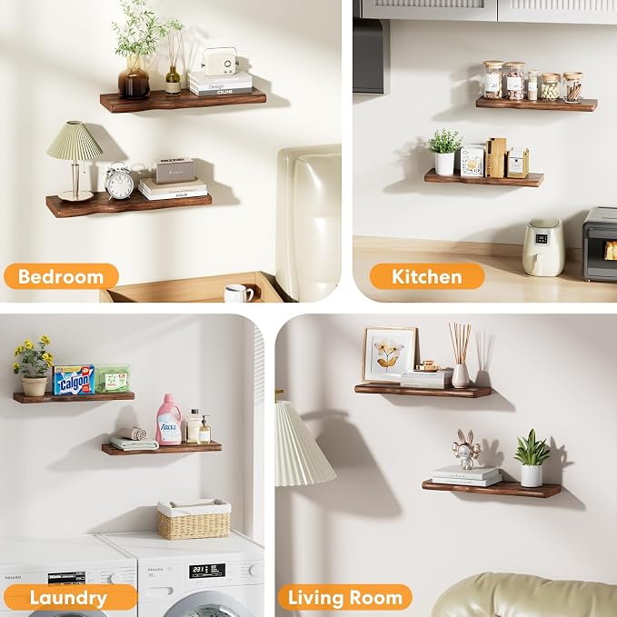 Solid Wood Live Edge Floating Shelves Set of 2 – 24" Rustic Wall Shelf with Hidden Bracket System, Wall Mounted Shelves for Bathroom, Kitchen, Living Room, Bedroom (Glazed Walnut) - Image 6